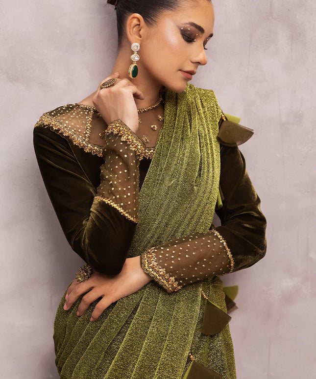 Milana | Green Embellished Velvet Saree