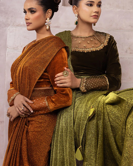 Milana | Green Embellished Velvet Saree