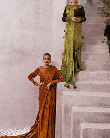 Milana | Green Embellished Velvet Saree