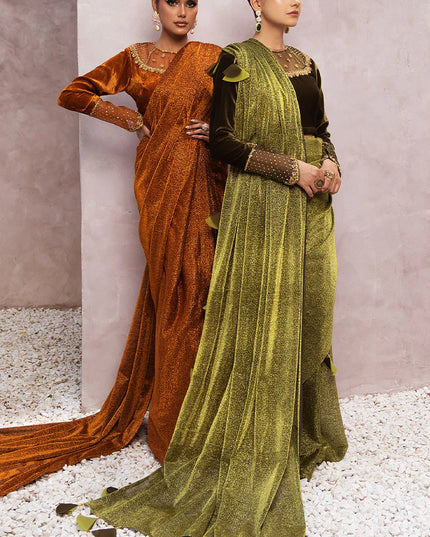 Milana | Green Embellished Velvet Saree