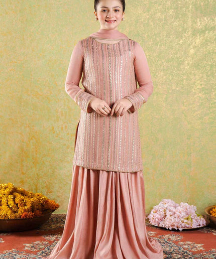 Roya | Girls Peach Chikankari Silk Sharara