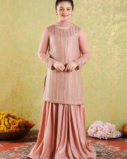Roya | Girls Peach Chikankari Silk Sharara