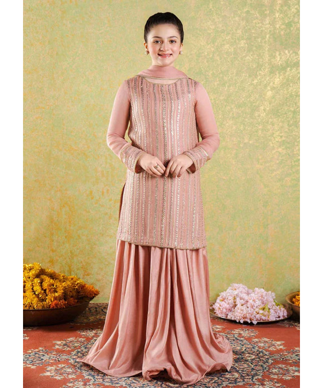 Roya | Girls Peach Chikankari Silk Sharara