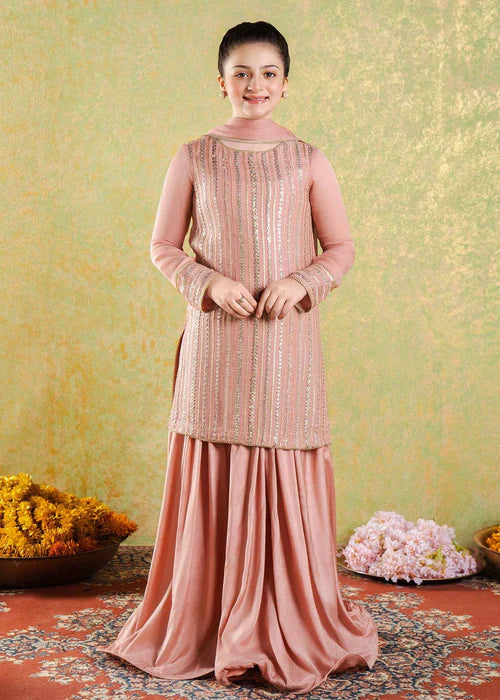 Roya | Girls Peach Chikankari Silk Sharara