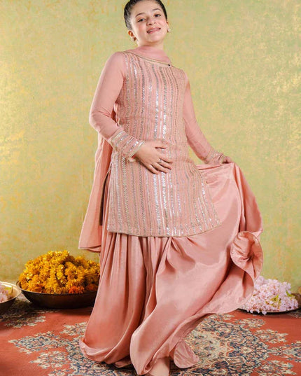 Roya | Girls Peach Chikankari Silk Sharara