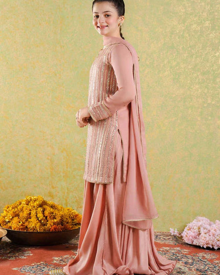Roya | Girls Peach Chikankari Silk Sharara
