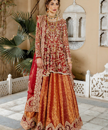 Mohisa | Red Kathan Organza Bridal Jamawar Hand Embellished Lehenga