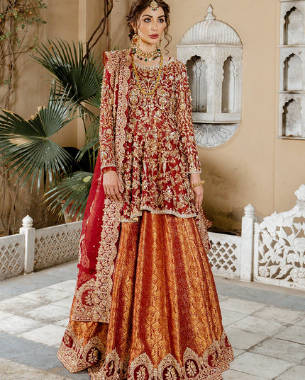 Mohisa | Red Kathan Organza Bridal Jamawar Hand Embellished Lehenga