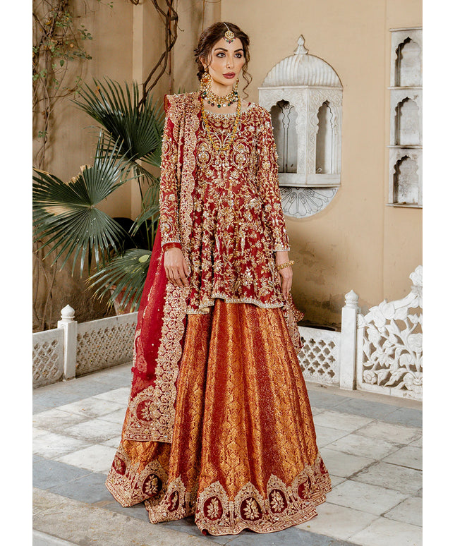 Mohisa | Red Kathan Organza Bridal Jamawar Hand Embellished Lehenga