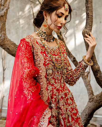 Mohisa | Red Kathan Organza Bridal Jamawar Hand Embellished Lehenga