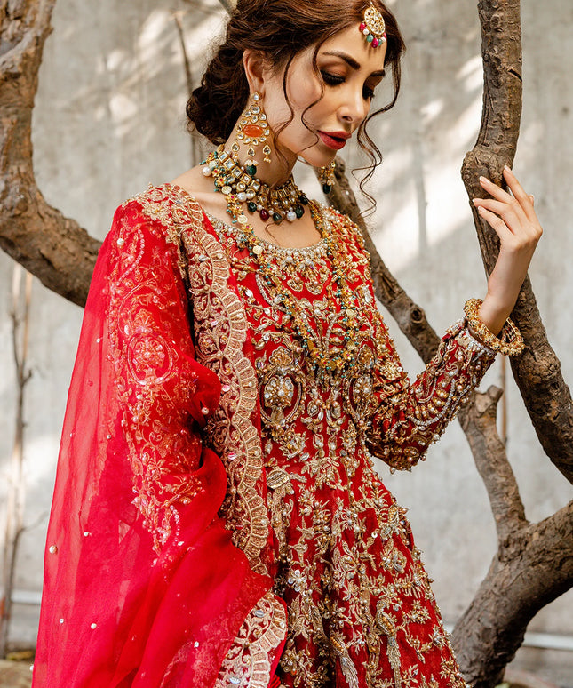 Mohisa | Red Kathan Organza Bridal Jamawar Hand Embellished Lehenga