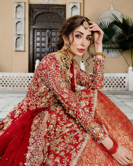 Mohisa | Red Kathan Organza Bridal Jamawar Hand Embellished Lehenga