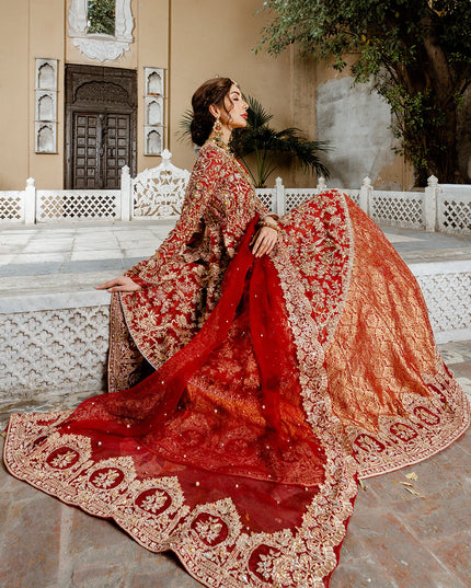 Mohisa | Red Kathan Organza Bridal Jamawar Hand Embellished Lehenga