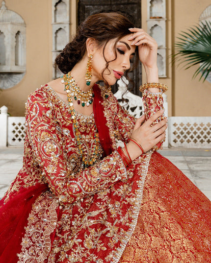 Mohisa | Red Kathan Organza Bridal Jamawar Hand Embellished Lehenga