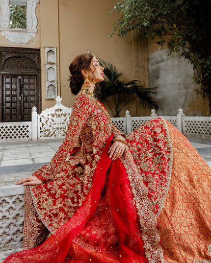 Mohisa | Red Kathan Organza Bridal Jamawar Hand Embellished Lehenga