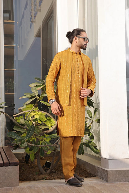 Luxury Mustard Silk Embellished Kurta Pajama Set