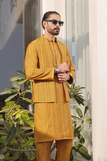 Luxury Mustard Silk Embellished Kurta Pajama Set