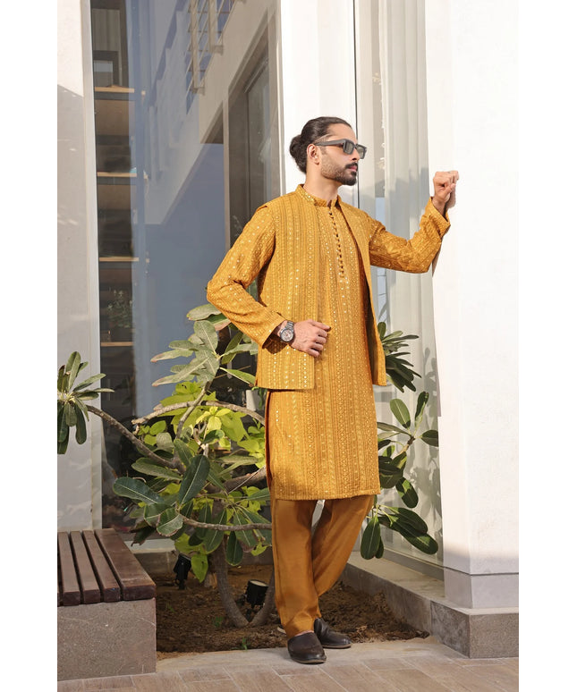 Luxury Mustard Silk Embellished Kurta Pajama Set
