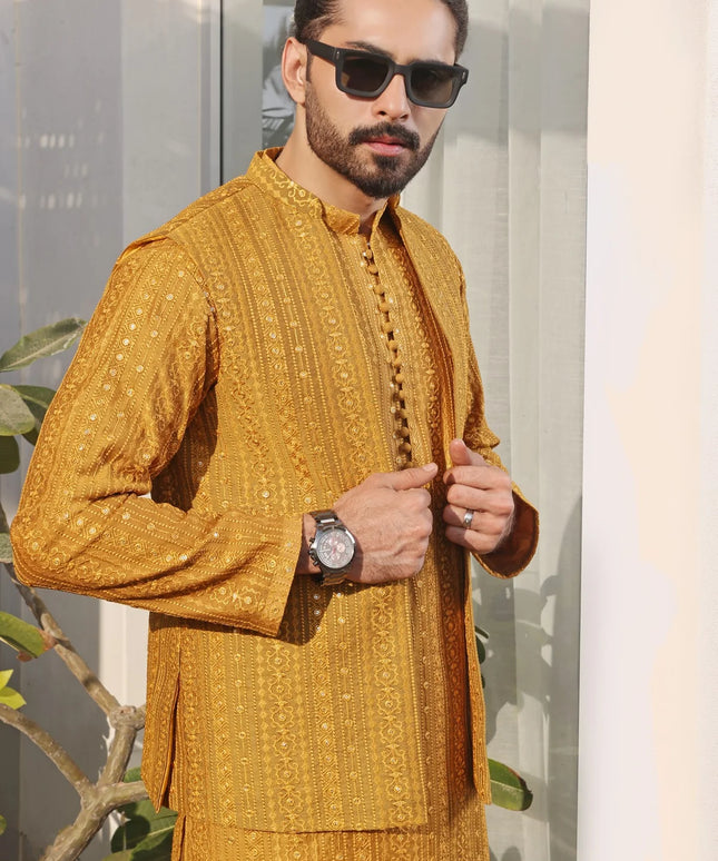 Luxury Mustard Silk Embellished Kurta Pajama Set