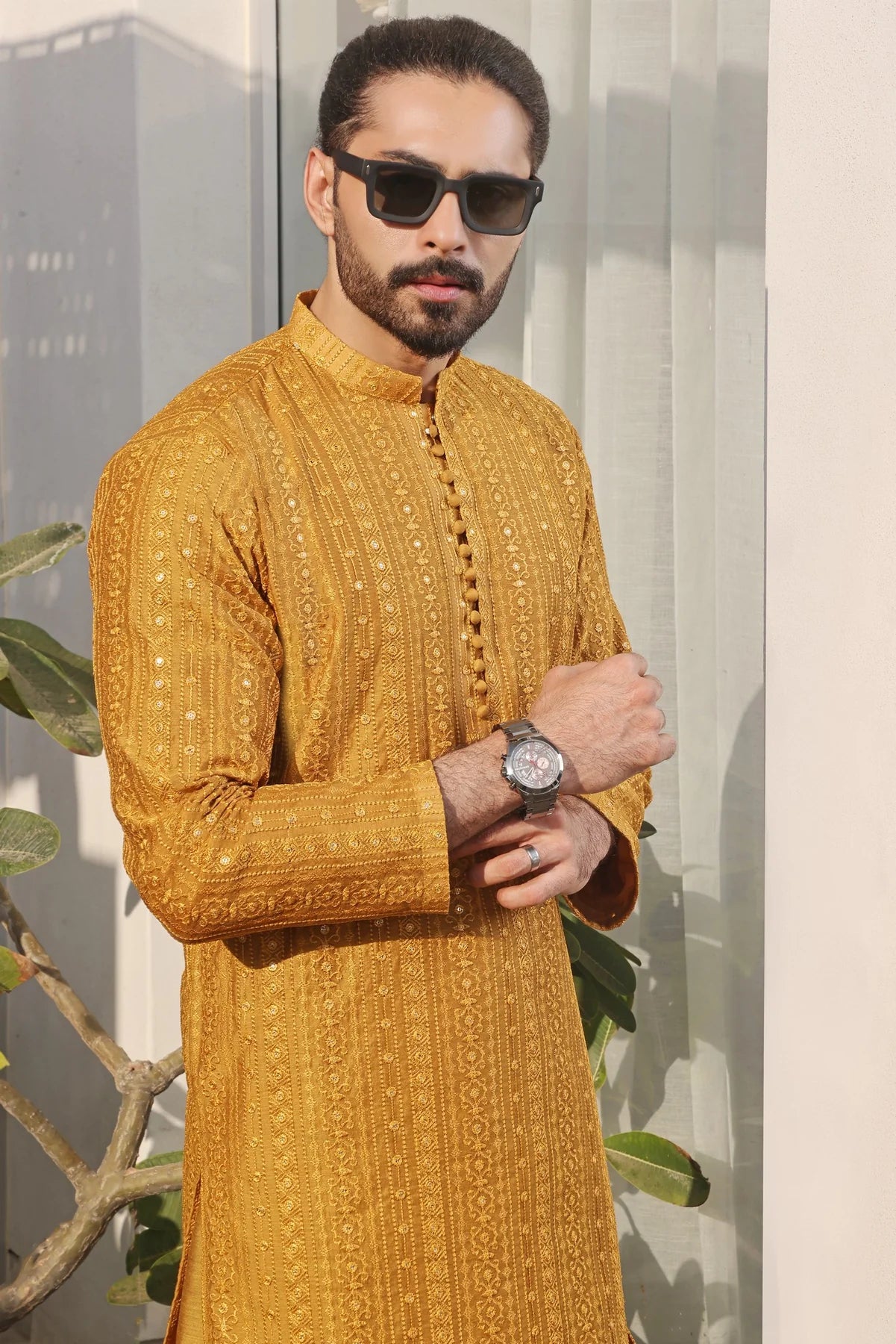 Luxury Mustard Silk Embellished Kurta Pajama Set