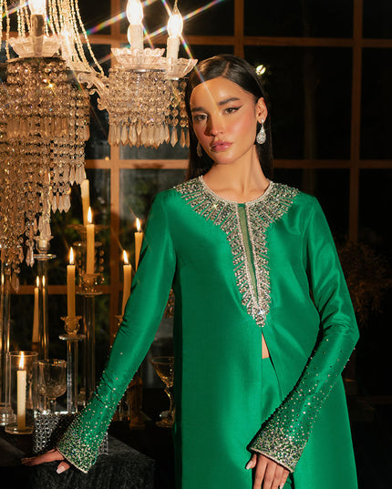Mystique | Dark Green Korean Silk Embellished Suit