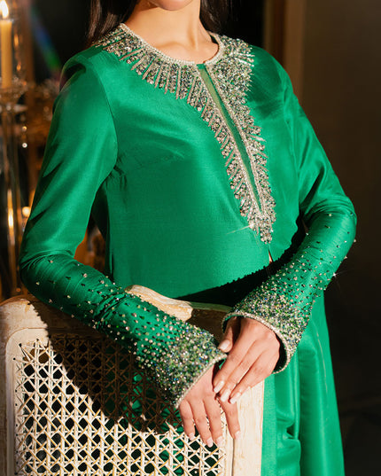 Mystique | Dark Green Korean Silk Embellished Suit