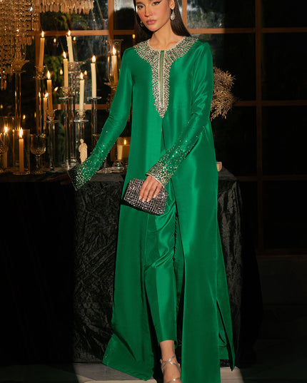 Mystique | Dark Green Korean Silk Embellished Suit