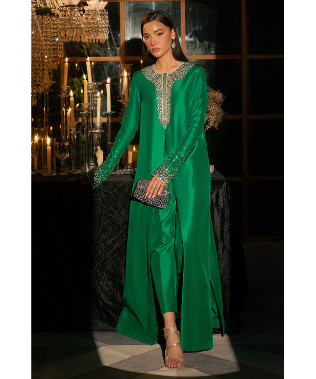 Mystique | Dark Green Korean Silk Embellished Suit