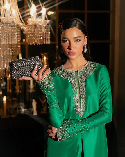Mystique | Dark Green Korean Silk Embellished Suit