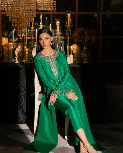 Mystique | Dark Green Korean Silk Embellished Suit