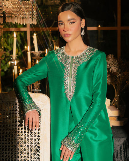 Mystique | Dark Green Korean Silk Embellished Suit