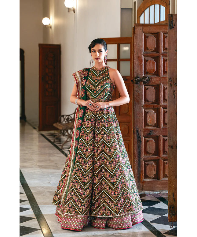 Saira Rizwan | Emerald Green Net Hand Embellished Lehenga