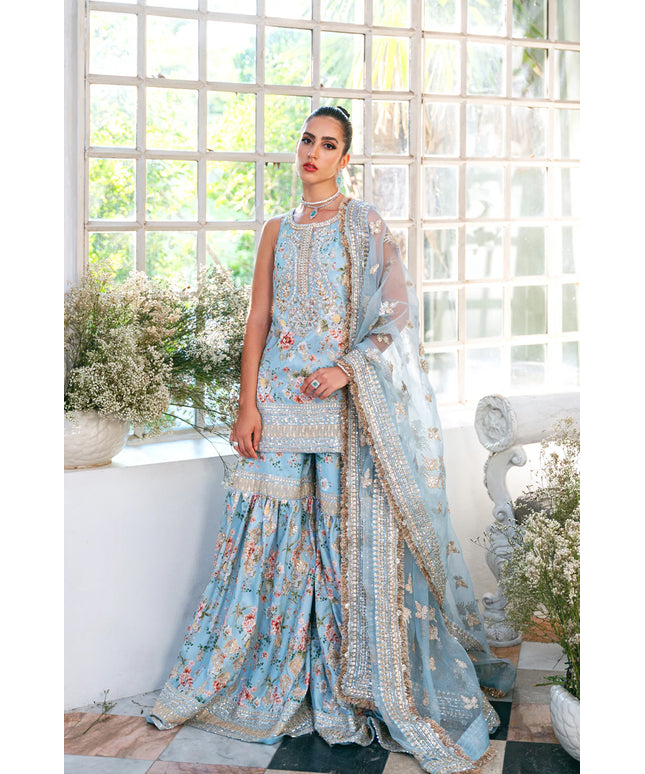 Saira Rizwan | Ice Blue Silk Embellished Gharara