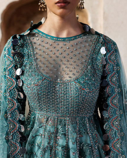 Nagma | Hussain Rehar Blue Embroidered Net Peshwas