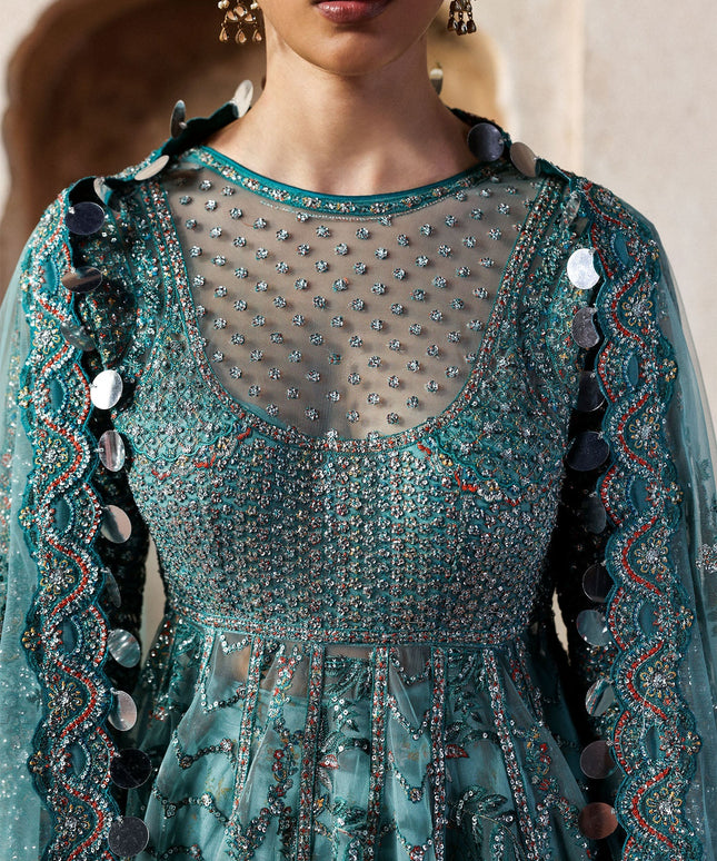 Nagma | Hussain Rehar Blue Embroidered Net Peshwas