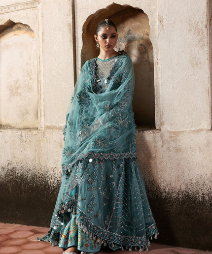 Nagma | Hussain Rehar Blue Embroidered Net Peshwas