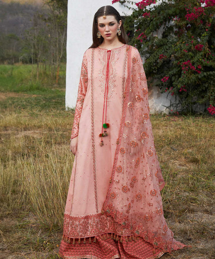 Hussain Rehar | Peach Embroidered Lawn Sharara