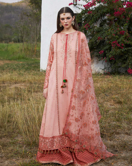 Hussain Rehar | Peach Embroidered Lawn Sharara