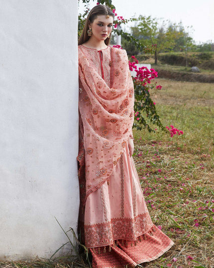 Hussain Rehar | Peach Embroidered Lawn Sharara