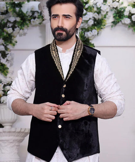 Noir Velvet Hand Embroidered Waistcoat