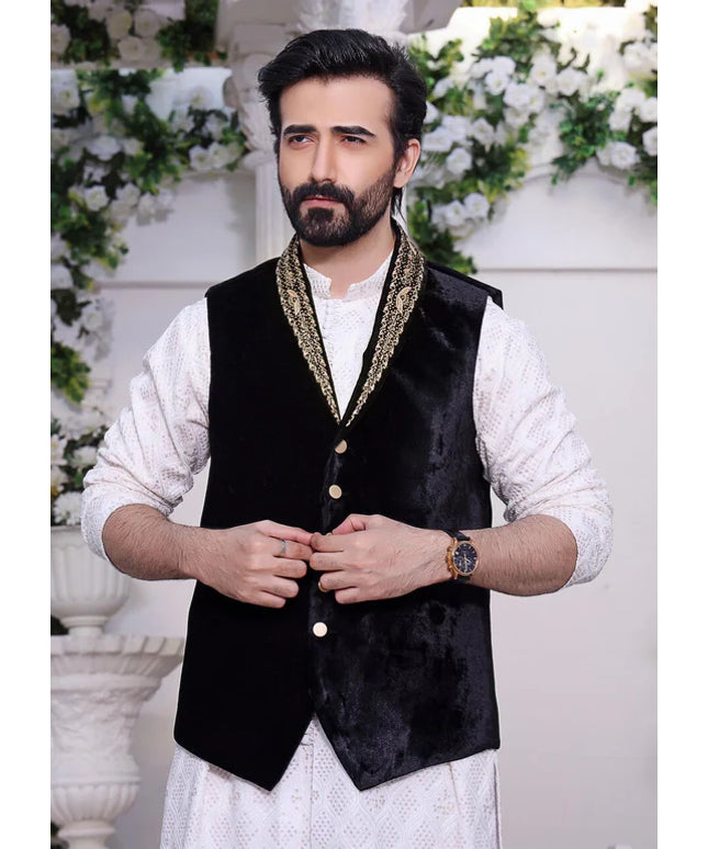 Noir Velvet Hand Embroidered Waistcoat