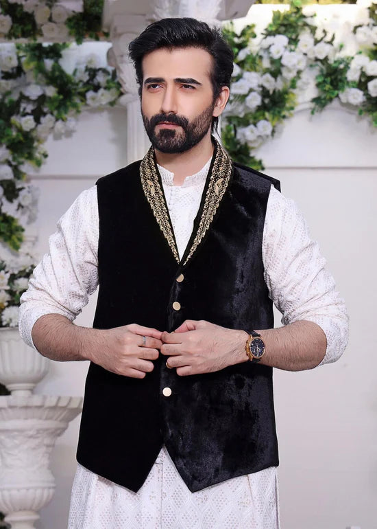 Noir Velvet Hand Embroidered Waistcoat