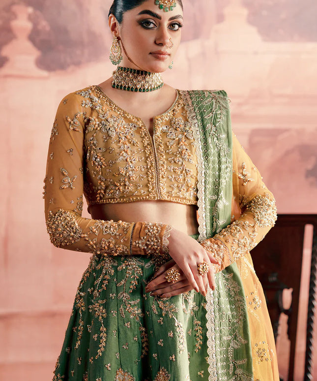Noorani | Green Hand Silk Embellished Embroidered Lehenga