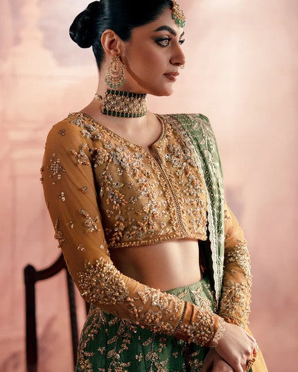 Noorani | Green Hand Silk Embellished Embroidered Lehenga
