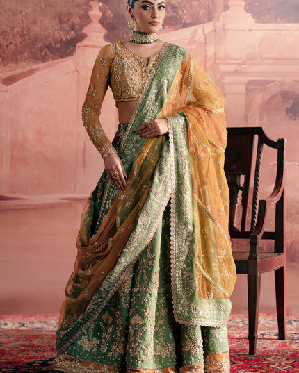 Noorani | Green Hand Silk Embellished Embroidered Lehenga