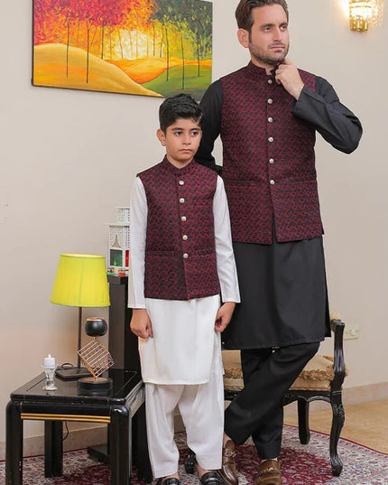 1 Piece | Boys Maroon Banarsi Waistcoat