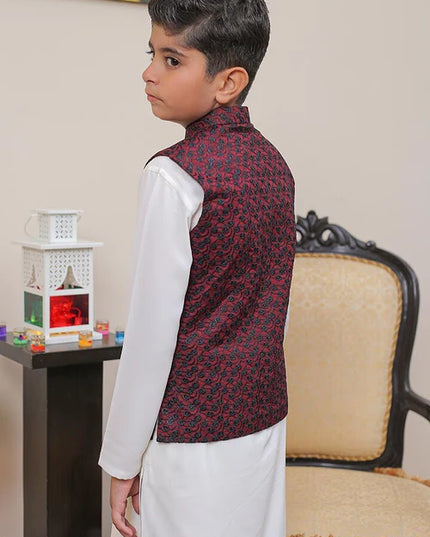 1 Piece | Boys Maroon Banarsi Waistcoat