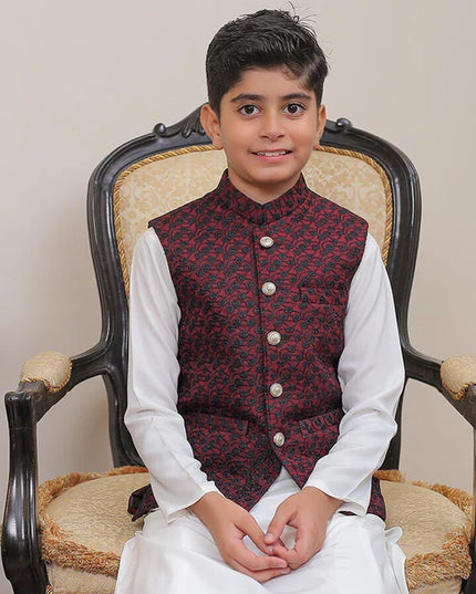 1 Piece | Boys Maroon Banarsi Waistcoat