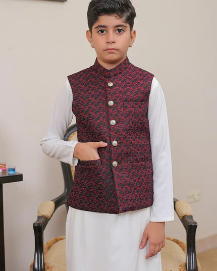1 Piece | Boys Maroon Banarsi Waistcoat