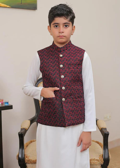 1 Piece | Boys Maroon Banarsi Waistcoat